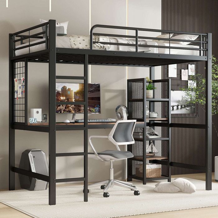 Lit mezzanine enfant 90x200 cm lit ado avec bureau étagères de rangement grille escalier et garde-corps structure métal noir
