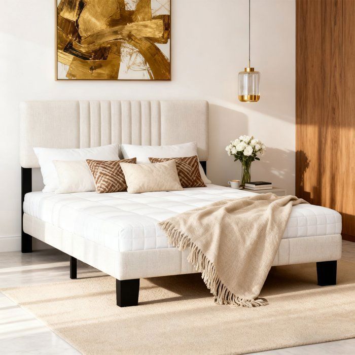 Lit rembourré 140 x 190 cm Beige tête de lit réglable sommier à lattes matelas non inclus