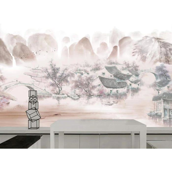 Papier Peint Panoramique Paysage 3d Little Bridge Waterfall Waterflower ...
