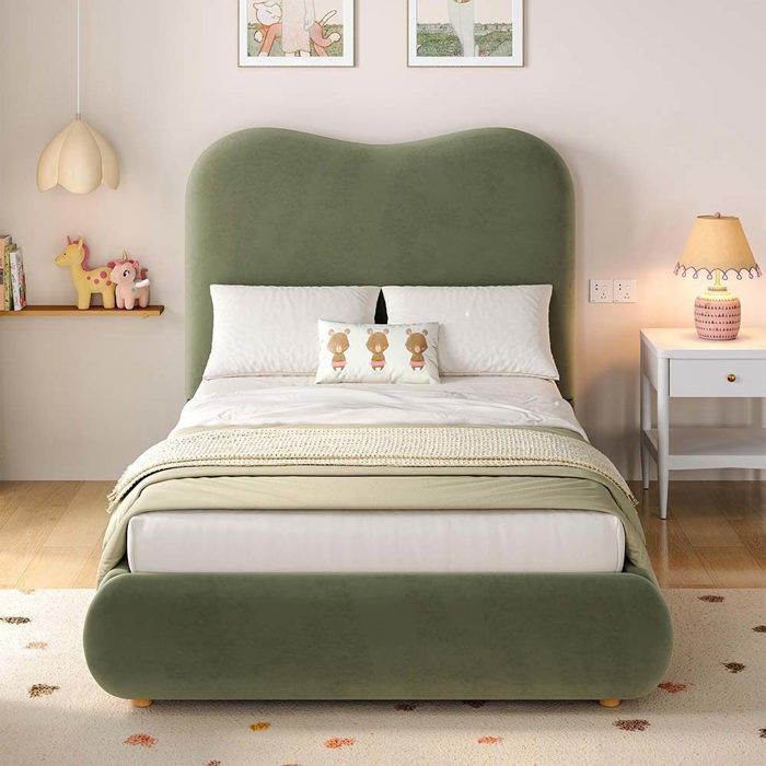 Lit simple - YEHTOKHOME - 90 x 200 cm - Coffre hydraulique - Sommier à lattes - Tissu bouclé vert