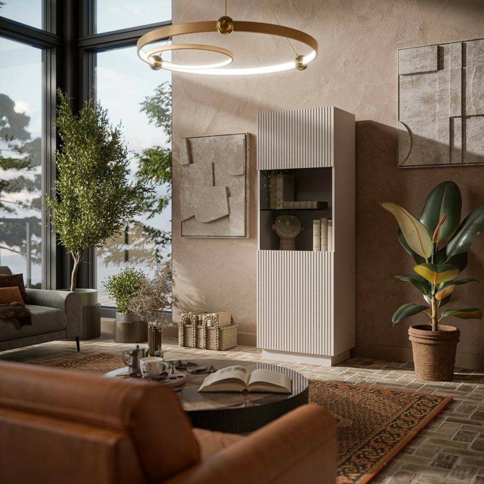 Vitrine Mealhada Dmora en Bois Plaqué Beige 40x59 5x178h cm Vitrine Mealhada Dmora en Bois Plaqué Beige 40x59 5x178h cm