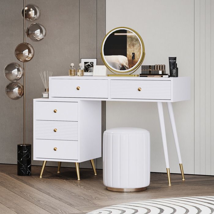 Coiffeuse avec éclairage LED et miroir - Rangement latéral réglable et design extensible - Pour chambre sans tabouret