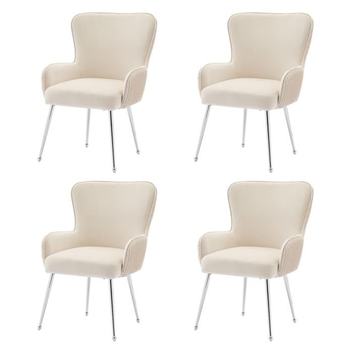 Chaise - Lot de 4 chaises de salle à manger - Velours beige - Accoudoirs et dossier ergonomique - Pieds métal argenté réglables