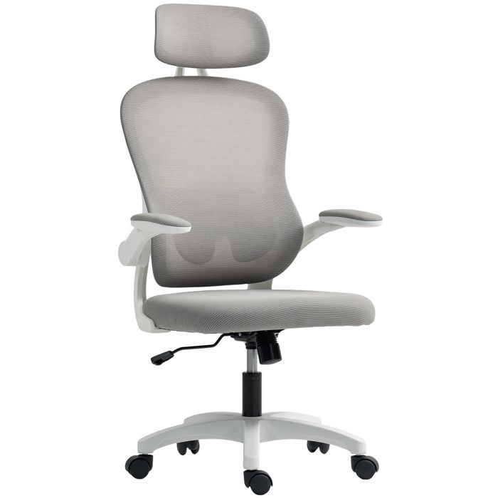 Chaise Bureau Ergonomique - HOMCOM - Accoudoirs Rabattables Hauteur Réglable Pivotant 360° - Tissu en Maille - 64x62x115cm - Gris
