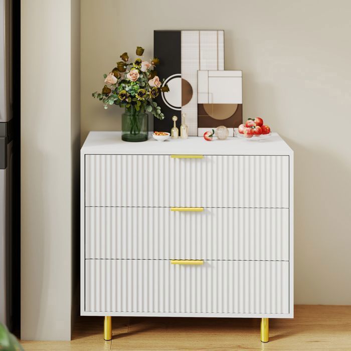 Commode de rangement - Memkey - 80 x 40 x 72 cm - MDF blanc et doré - 3 tiroirs pieds métal poignées dorées
