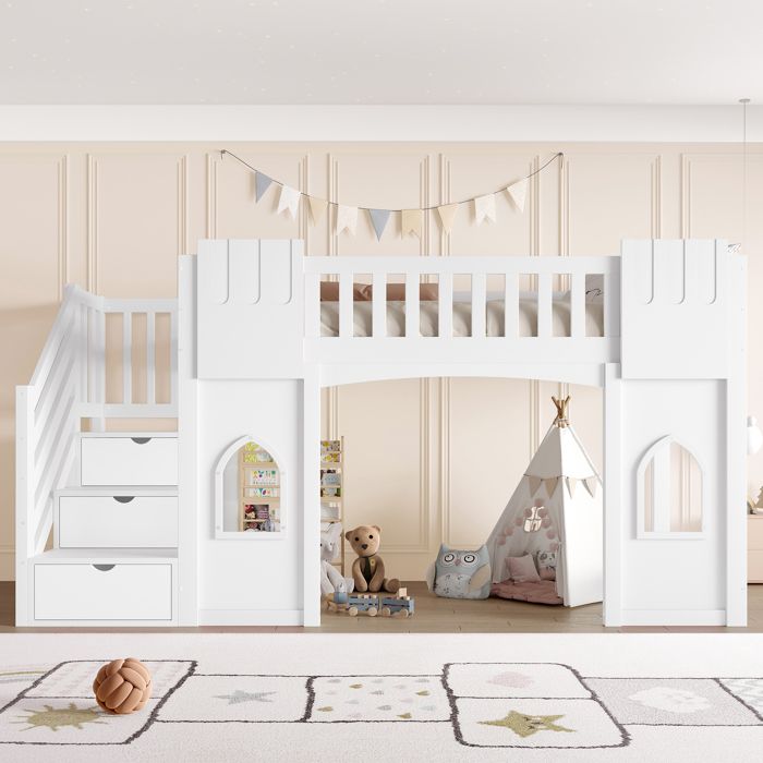 Lit Mezzanine 90x200 cm avec escalier de rangement et Fenêtres Lit superposé Lit mi-hauteur avec sommier à lattes - Pin - Blanc Lit Mezzanine 90x200 cm avec escalier de rangement et Fenêtres Lit superposé Lit mi-hauteur avec sommier à lattes - Pin - Blanc