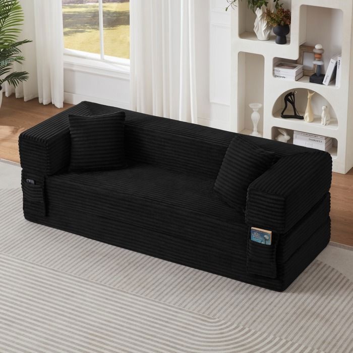 Canapé droit 3 places moderne design unique à double couche convertible en canapé litvelours côtelé noir 200x76x62cm