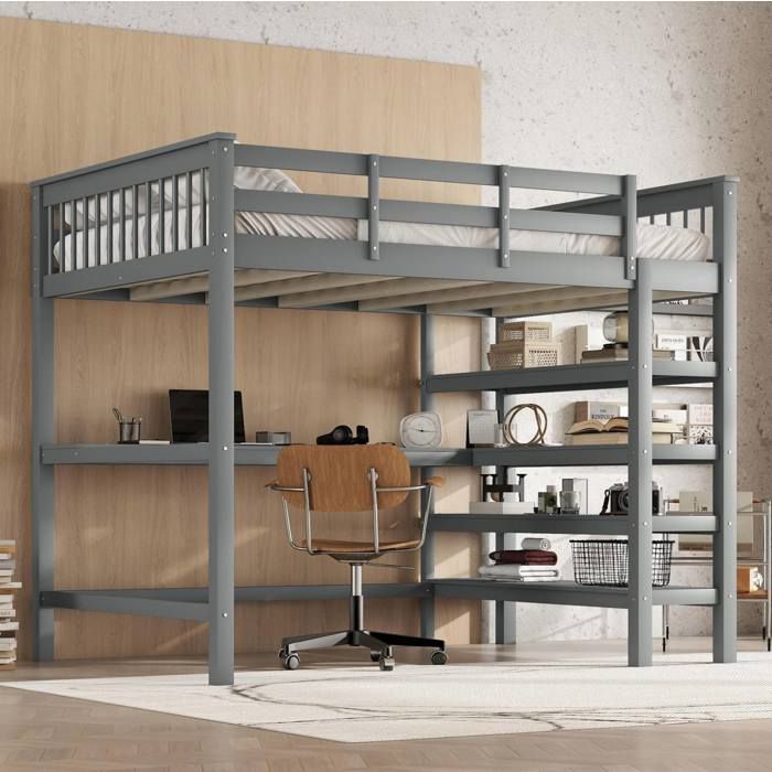 WUVRIE Lit mezzanine 140 x 200 cm avec bureau intégré et rangements pin et MDF gris sans matelas