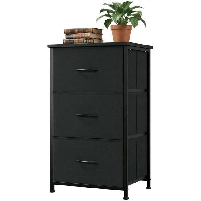 COMMODE DE CHAMBRE-Commode à 3 tiroirs en métal-meuble de rangement -Armoire de rangement-en tissu- amovibles-40 × 30 × 75 cmnoir