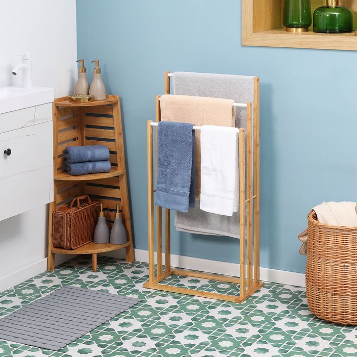 Porte-serviettes sur pied à 3 barres en bambou naturel 48 x 25 8 x 94 cm idéal pour les salles de bains et les espaces bien-être.