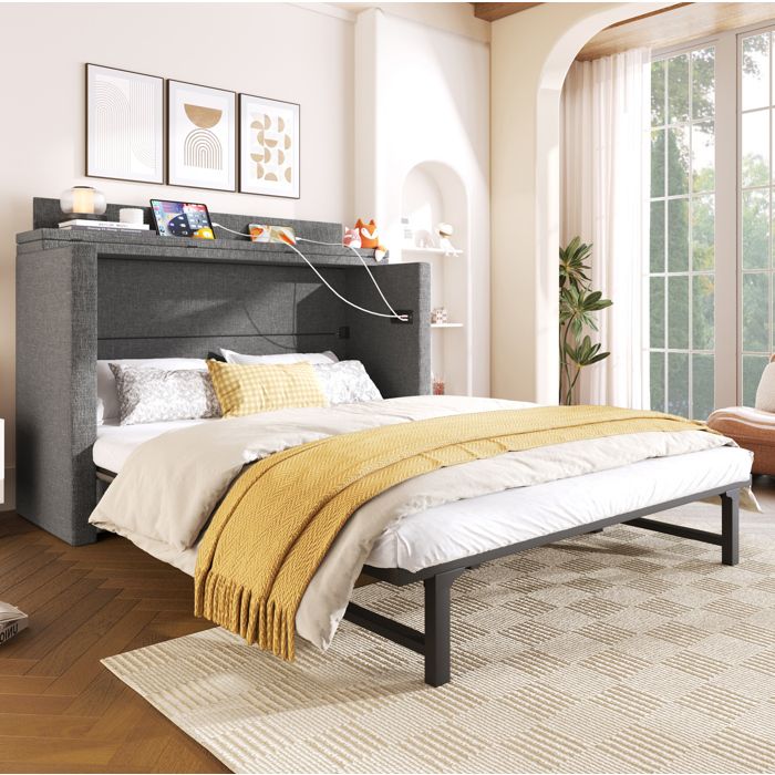 Lit escamotable 140 x 200 cm EVRYAE avec tiroir USB et Type-C meuble convertible en lin gris