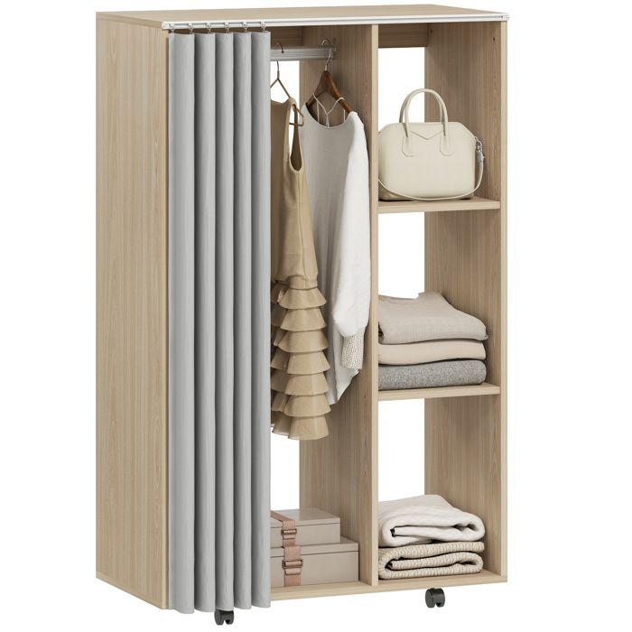 Armoire penderie - HOMCOM - mobile 4 roulettes - tringle à vêtements et étagères ouvertes - 80 x 40 x 128 cm - effet bois naturel