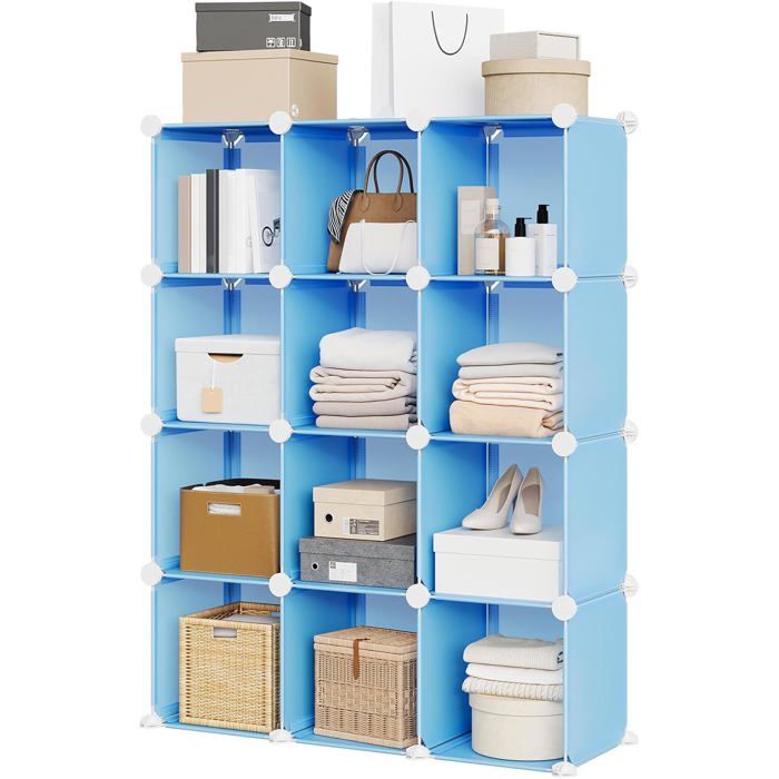 AFF MEUBLE ETAGERE-12 Casiers Meuble de rangement modulaire-Bibliothèque DIY Empilable en PVC-Étagère de rangement modulable bleu