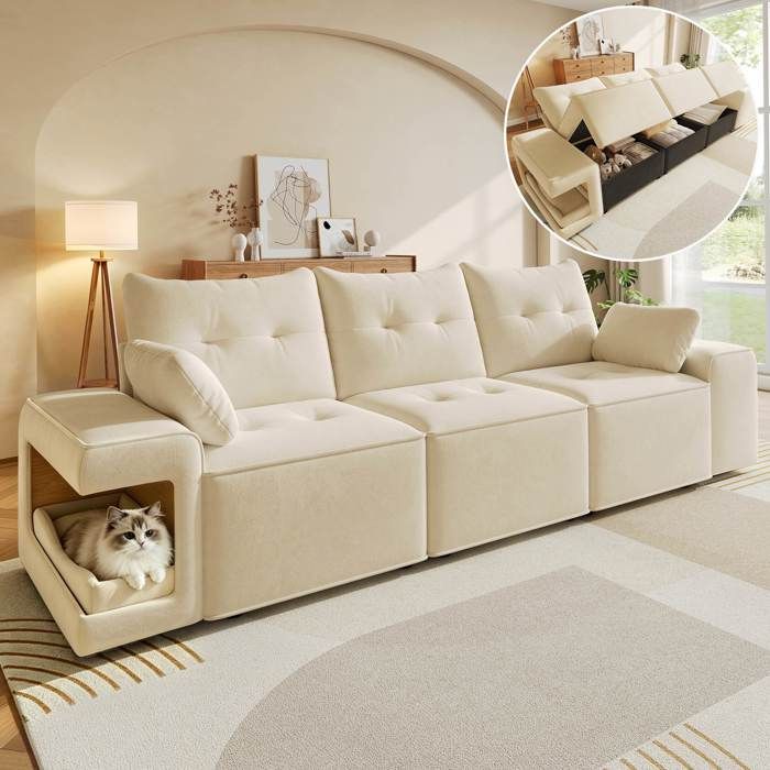 Canapé modulable nuage 3 places 229 5x78x84 cm accoudoirs larges rangement espace animal 2 coussins beige velours