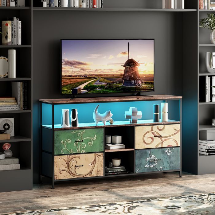 Meuble TV LED avec 4 tiroirs et 4 étagères Meuble Télé Bas Salon Cadre en Métal 137x30x78cm Tissu floraux