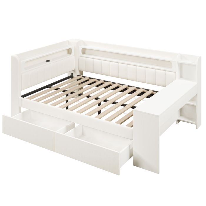 Lit combiné 140 x 200 cm blanc avec bureau étagères 2 tiroirs LED 7 couleurs et ports USB