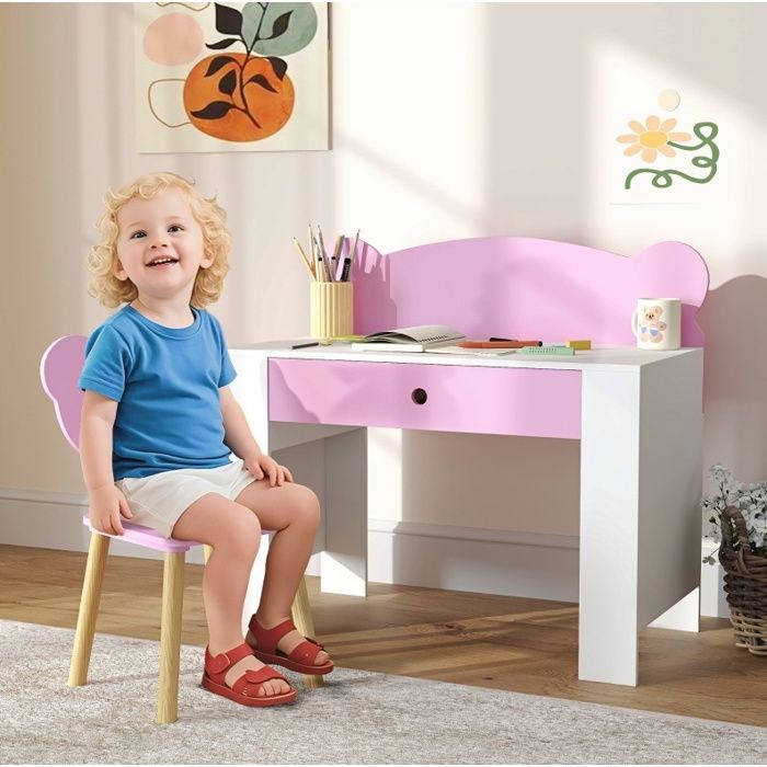 Ensemble bureau et chaise enfant en bois rose avec tiroir chaise dossier ours 80 x 41 x 74 5 cm