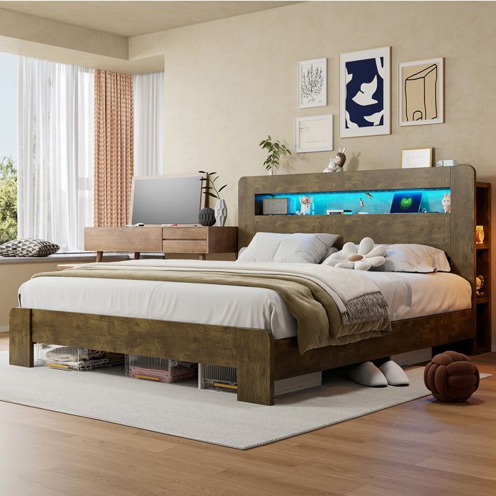 WOVREO Lit 180 x 200 cm en bois avec tête de lit rangement LED intégrée et prises aspect bois vintage