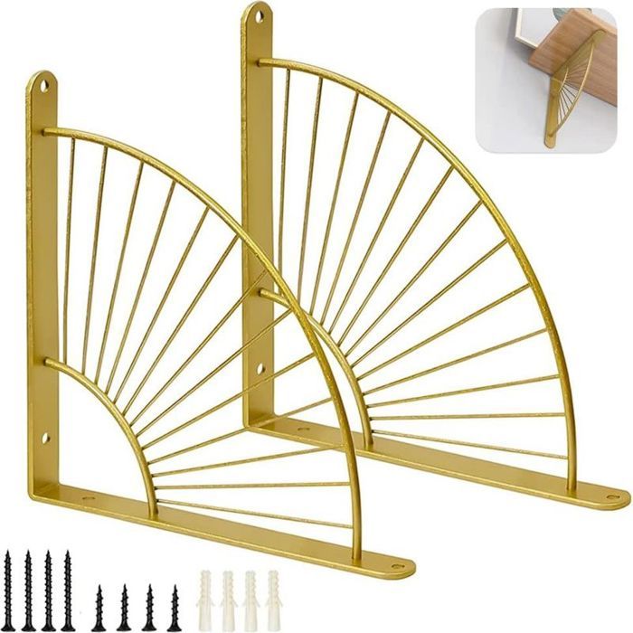 2 Supports Détagères en Forme Déventail Doré Equerre Etagere Murale Support Mural en Métal pour Restaurant Support Triangulaire Or