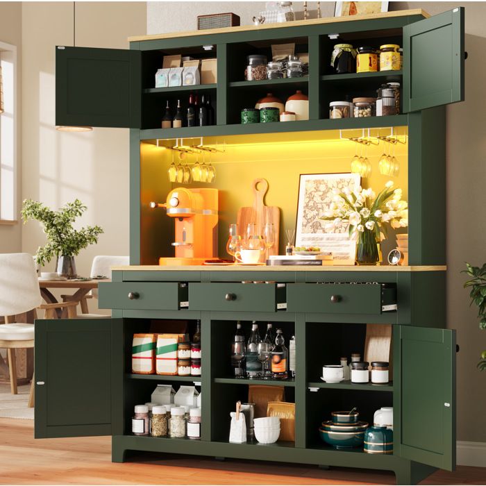 Buffet de cuisine haut 5 Portes 3 Tiroirs et LED USB - YEAVIO - Rotin PE Vert Antique 120×40×180 cm
