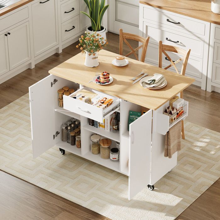 Îlot de cuisine sur roulettes avec plateau rabattable 120cm desserte blanc et chêne avec tiroir et placard pour rangement