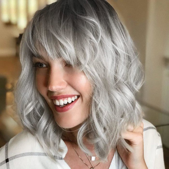 Perruque Femme Naturelle Courte Perruque Ombré Argent 30Cm Avec Frange Synthétique De Haute Qualité Fête Halloween Cosplay O[CA67]