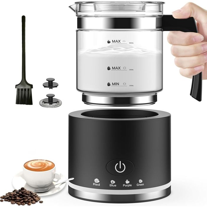 Mousseur à Lait Électrique en Verre 4 Fonctions Capacité 250 Ml pour Cappuccino ou 500 Ml pour Lait Chaud Prise Européenne Noir