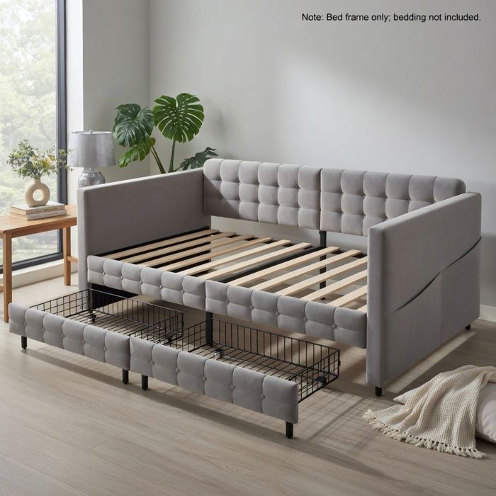 Lit rembourré canapé simple 90x190 en velours gris rembourré tiroirs et rangements latéraux pour adultes et invités