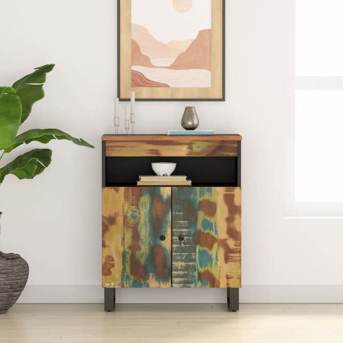 Multicolore Buffet avec 2 portes 60x33x75 cm bois massif de récupération - Meuble Rangement LV31358