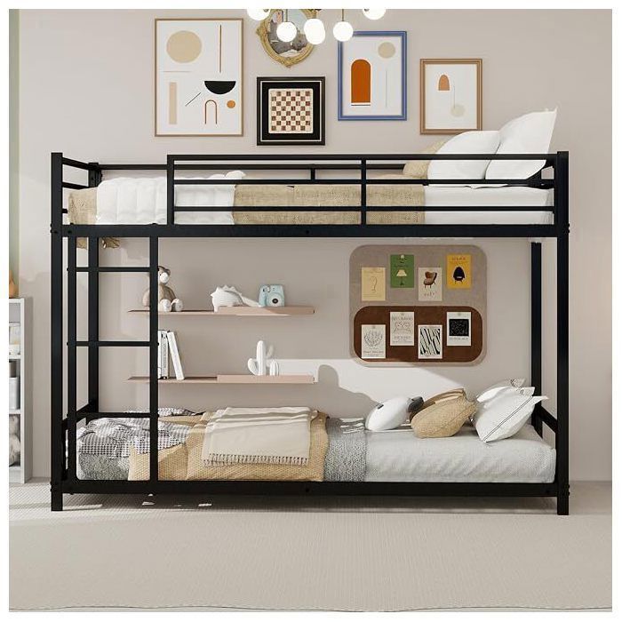 Lit superposé 90 x 190 cm lit superposé robuste en métal avec échelle et barrière de sécurité sans matelas pour adultes/enfants