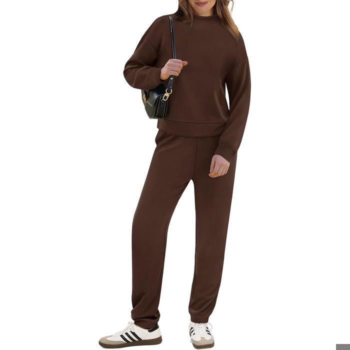 Ensemble survêtement femme 2 pièces marron taille S sweat col roulé manches longues pantalon jogger ceinture élastique 50%