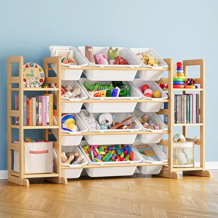 Meuble Rangement Enfant avec 6 Étagères et 12 Bacs Bibliotheque Enfant avec Bacs pour Chambre et Salle de Jeux - Blanc