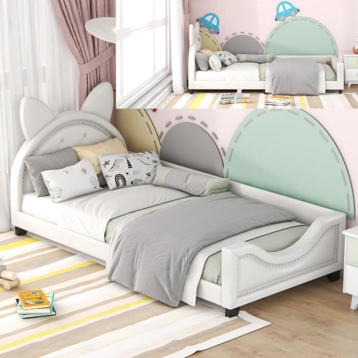 lit enfant 90x200 cm avec sommier à lattes - forme d'oreilles - tissu en pu - blanc