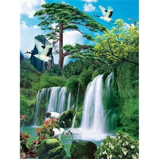 Toile XXL Muralo - Cascade Rochers Arbres - Paysage 3D Nature - Plusieurs Tailles