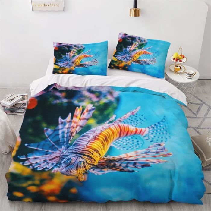 Housse de Couette 220x260cm Poisson Volant Parure de Lit avec 2 Taies d