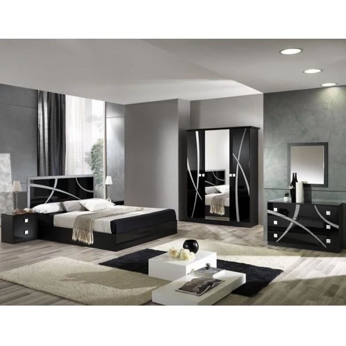 Chambre complète 160*200 Noir/Argent - CROSS - Noir - Bois - Lit : L 165 x l 206 x H 106 cm - Chambre complète