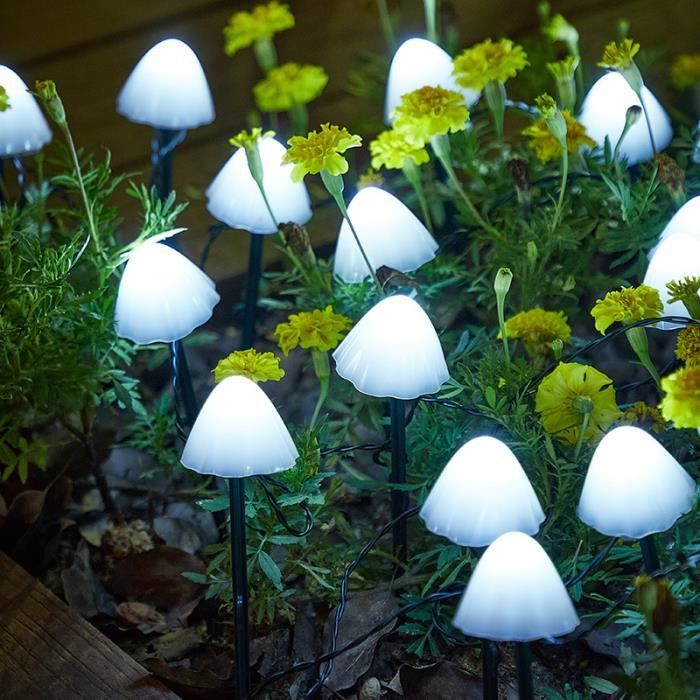 guirlande lumineuse jardin de champignon 5m 20 led 8 modes ip65 étanche lumiere solaire exterieur pour jardin,blanc