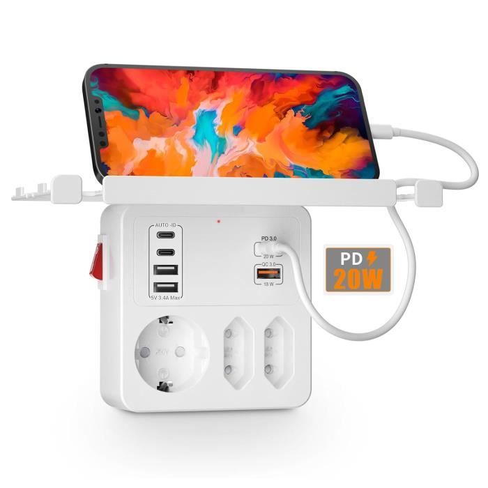 PD20W Multiprise Murale 5 Prises + 3 USB (PD20W + QC18W) - Interrupteurs Individuels - Prise Multiple Parafoudre 16A - Blanc