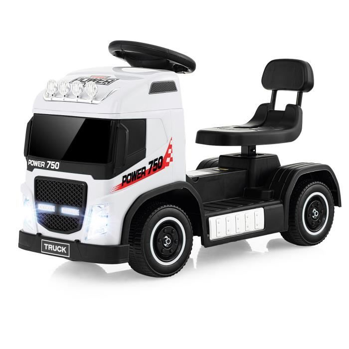 costway voiture électrique enfants 6v camion - musique, klaxon, led - siège réglable en hauteur - 18 à 72 mois - 20 kg - blanc