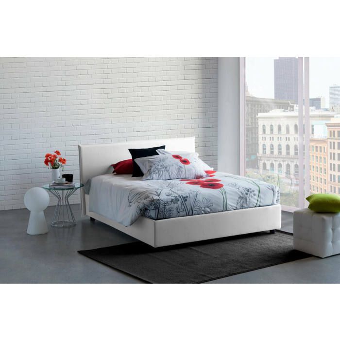 Dmora - Lit français Aros 215x155xh95 cm blanc Panneau effet bois et Polyester
