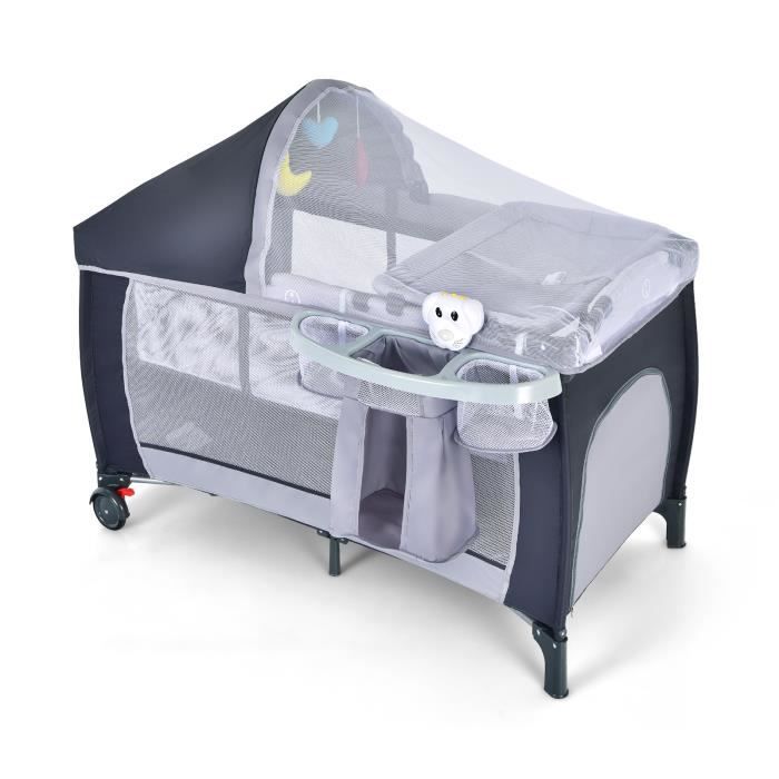 Lit Parapluie Bébé DREAMADE Pliable avec Moustiquaire Rangements Latéraux Jouets Suspendus Musique Roulettes avec Freins Gris