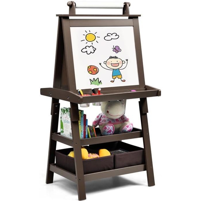 Chevalet Double Face En Bois Pour Enfants – Tableau Blanc Et Noir, Rouleau Papier, Hauteur Réglable 78-124 Cm, Accessoires Inclus