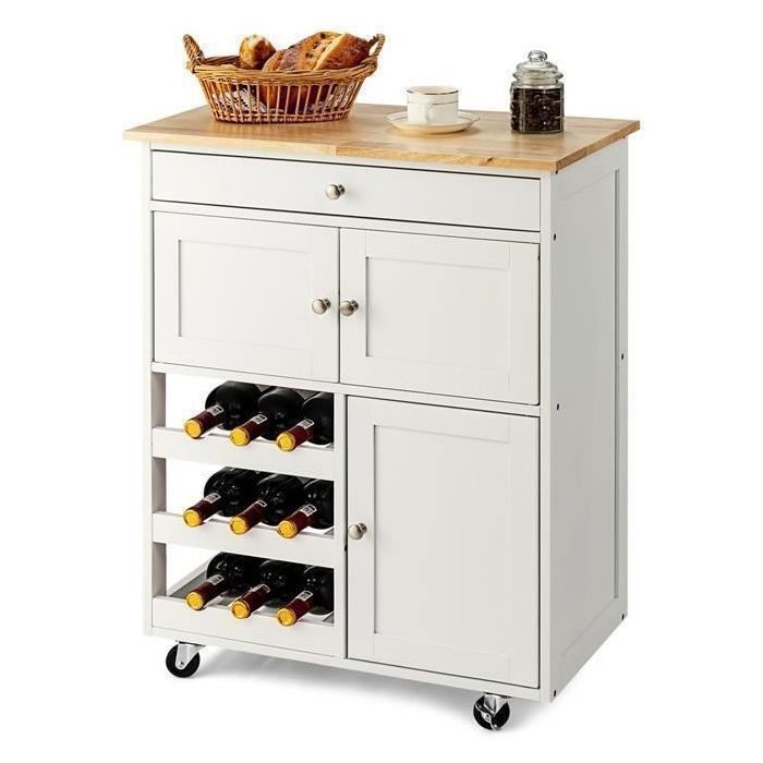 GIANTEX Desserte de Cuisine à Roulettes- Chariot de Service- 1 Tiroir- 2 Placards- 1 Porte-Bouteilles à 3 Niveaux- 67x37x86cm- Blanc