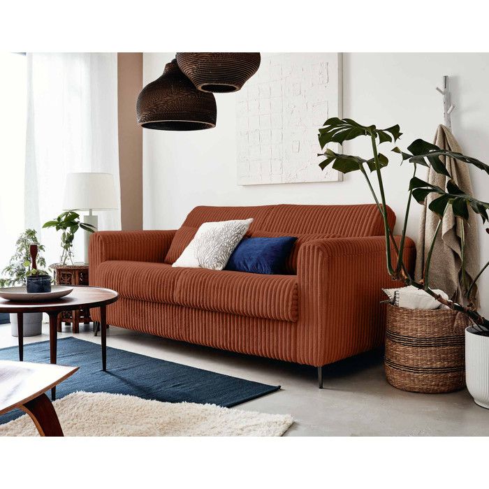 Owen - canapé lit 3 places convertible express couchage quotidien 140 cm matelas 12 cm en velours côtelé grosses côtes - Terracotta