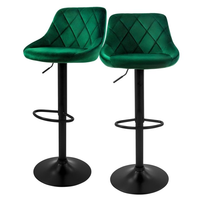 Tabouret de bar lot de 2 vert recouvert de velours avec dossier et repose-pieds réglable en hauteur 62-82cm ML-Design