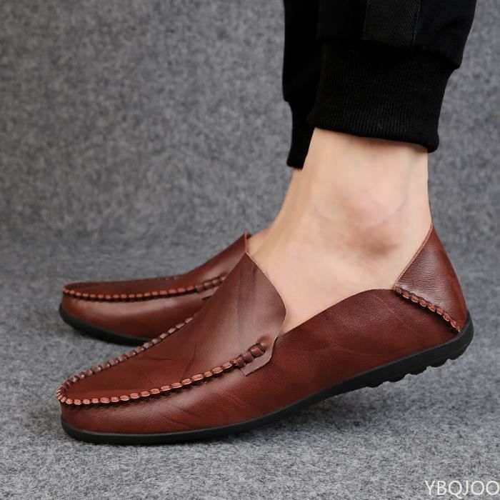 Mocassins en cuir veritable souple pour hommes AY Marron fonce