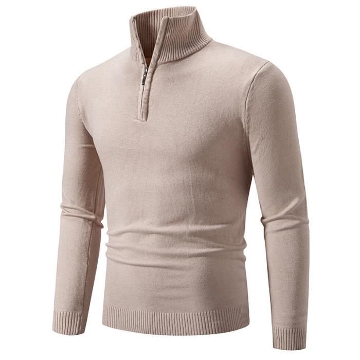 Pull Homme Hiver Chaud Pull-Over Homme Manches Longues Pull Col Zippé Tissu  Doux Elastique . PULL - CHANDAIL Blanc