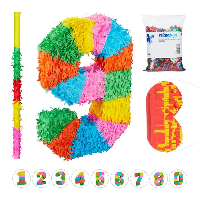 Piñata Chiffre 9 D'anniversaire - Avec Bâton Et Bandeau Pour Les Yeux, à Remplir De Bonbons