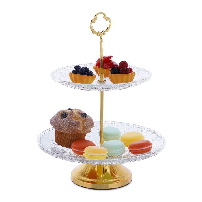 Relaxdays Présentoir à gâteaux verre et fer H x D&nbsp;: 30 x 23&nbsp;cm plat de service 2 étages transparent/doré