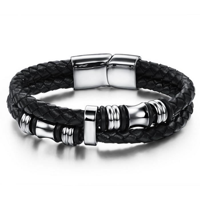 Bracelet Tressé Mode Homme - RMEGA - Cuir et Acier Inoxydable - Noir - Cadeau Parfait pour Père, Amant, Fils